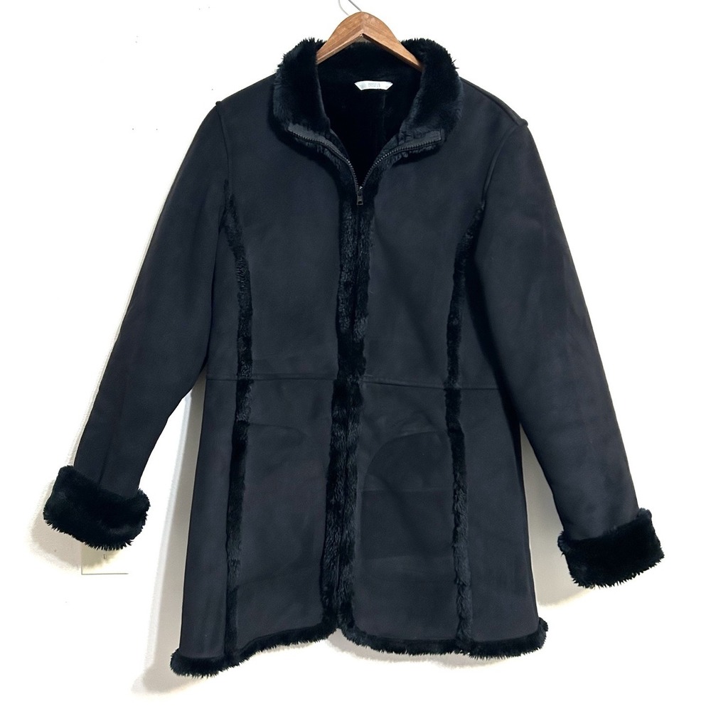 M & S Faux Suede Penny Lane Faux Fur Coat UK 10/US Sz 6 Boho Western Black